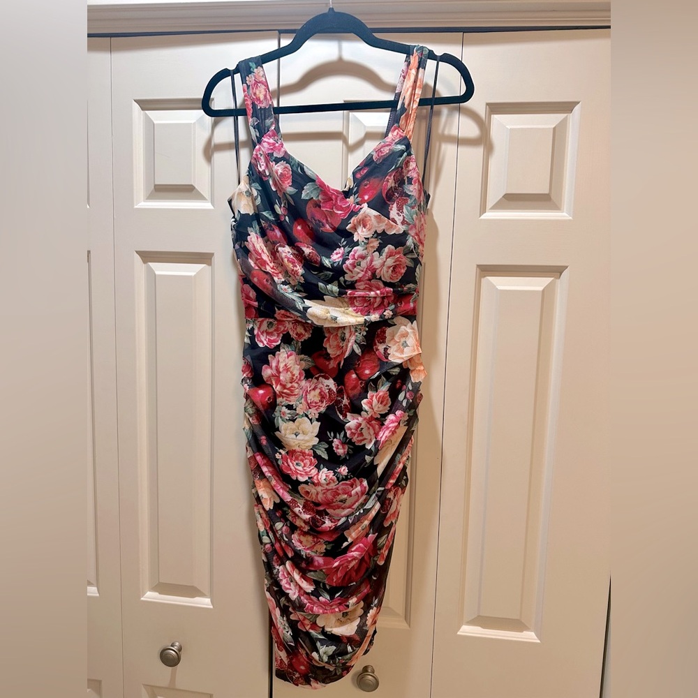 Express Pink and Black Ruched Bodycon Midi Dress with Shapewear